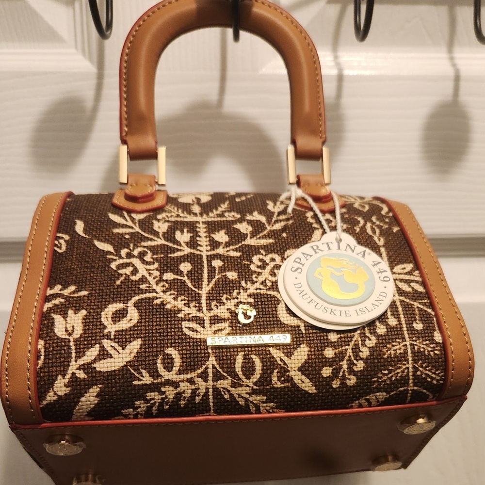 Brown and Tan Spartina 449 Floral Mini Bag With Crossbody Strap.